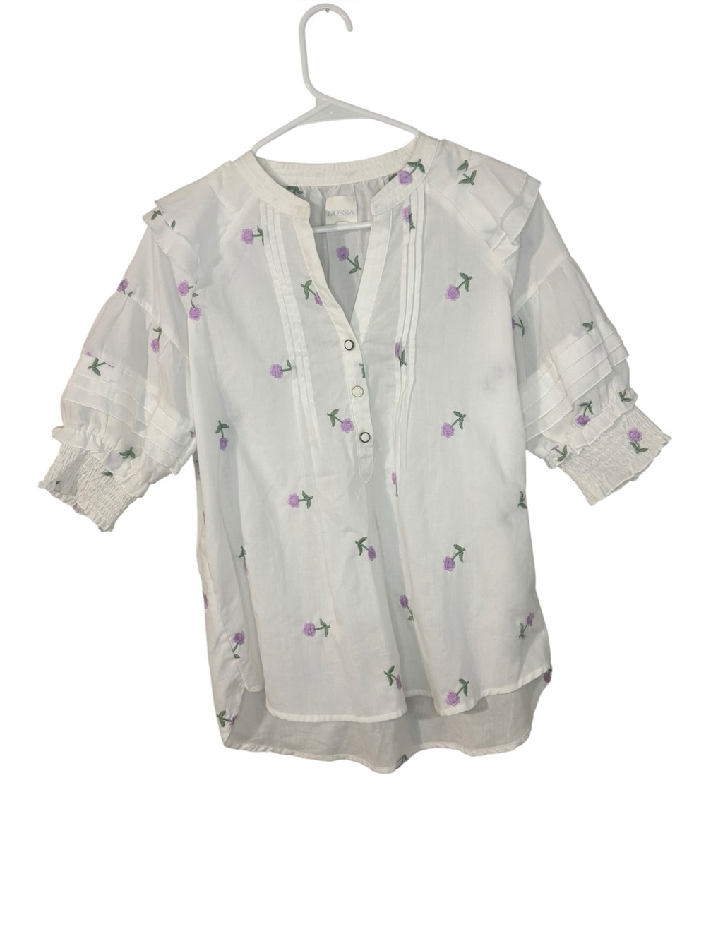 GOSSIA Freya White Peasant Blouse with Lavender Floral Embroidery